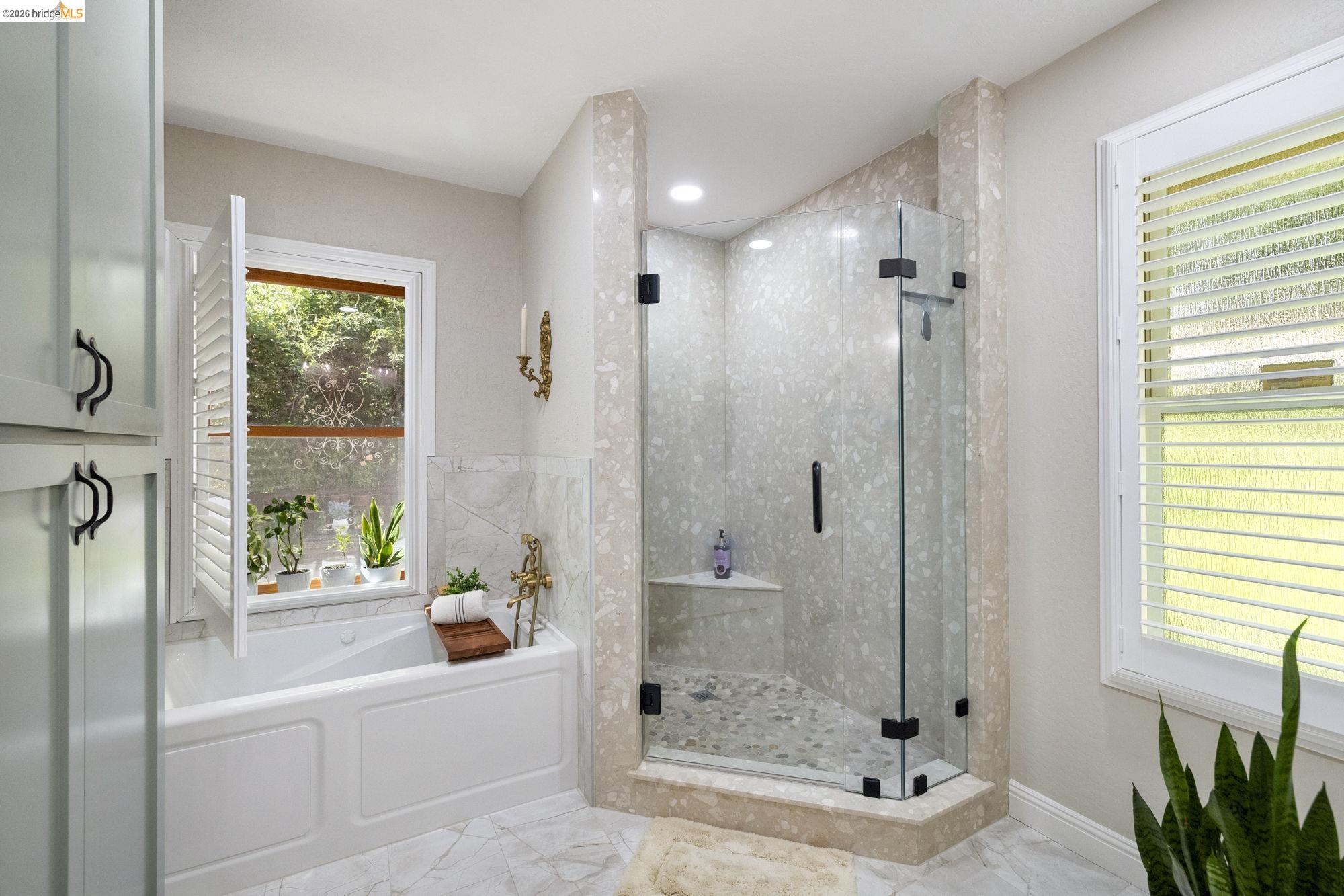 20581 Gerber Road Tuolumne, CA 95379 - Photo 8 of 60 Full bathroom featuring a stall shower, a garden tub, recessed lighting, and marble finish flooring