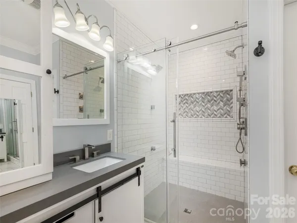 a bathroom with a sink a mirror a vanity and shower
