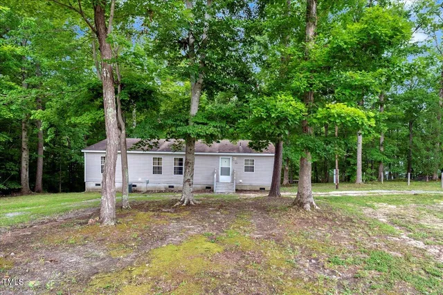a backyard of a house with lawn chairs plants and large tree