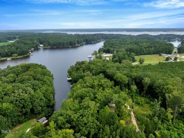 an aerial view of green landscape with trees houses and lake view