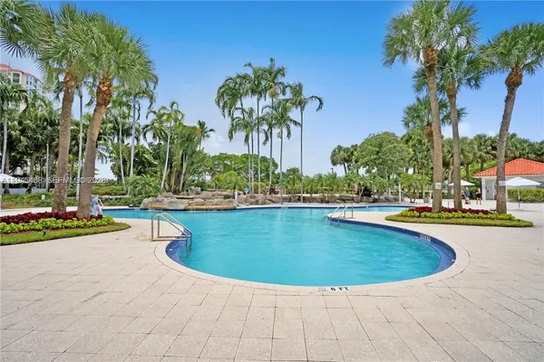 a view of a swimming pool with a garden