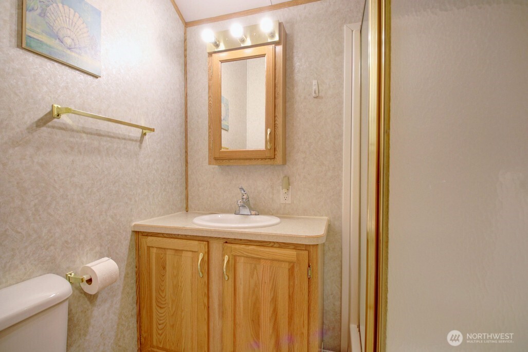 134 Drial Loop Maple Falls, WA 98266 - Photo 13 of 36 a bathroom with a sink a toilet and a mirror