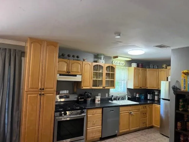 a kitchen with stainless steel appliances granite countertop a stove a sink and a refrigerator