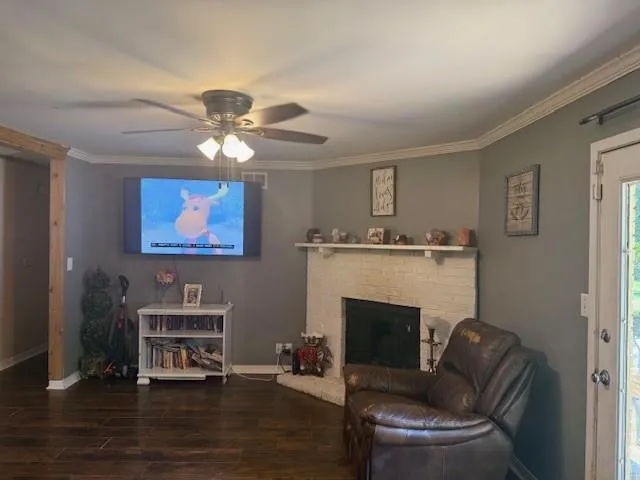 a living room with furniture a fireplace and a ceiling fan