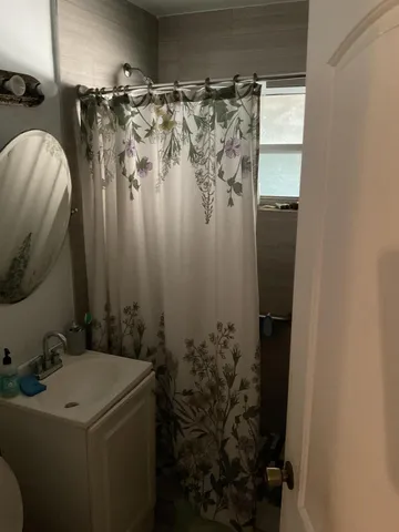 a bathroom with a shower and a sink