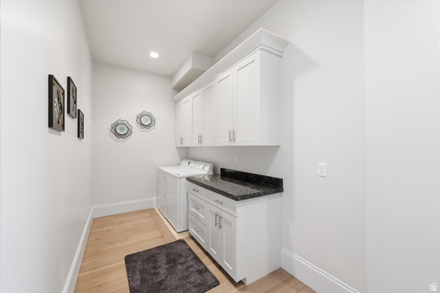 930 Price Farm Court Midway, UT 84049 - Photo 21 of 42 Laundry room featuring cabinet space, washing machine and dryer, and recessed lighting
