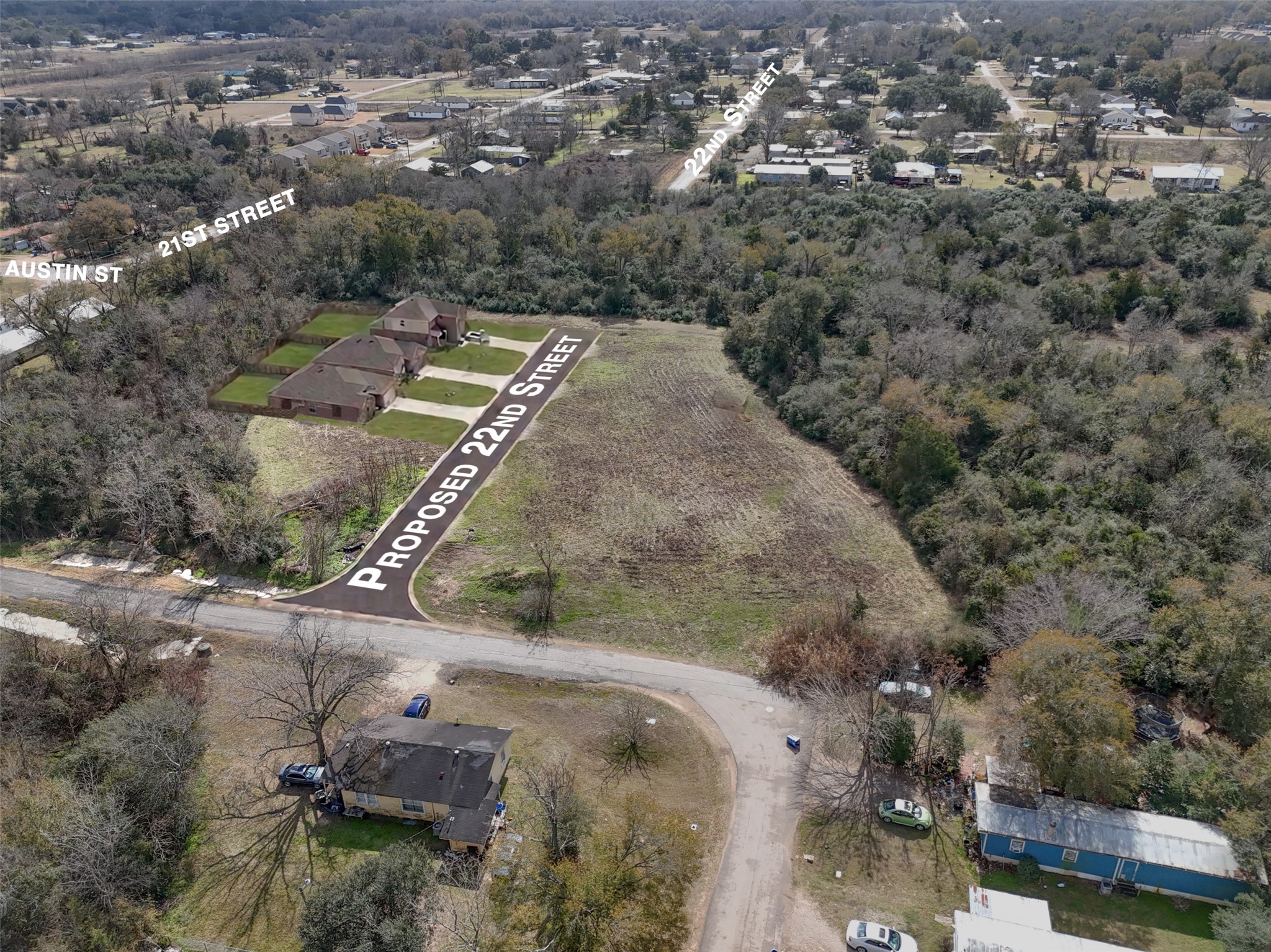 Tbd Tbd 22nd Hempstead, TX 77445 - Photo 3 of 20 This elevated perspective highlights the ±0.7-acre tract with clear boundary markings and nearby street references, offering a visual sense of access and configuration.