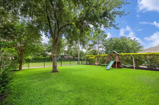 a view of a park with large trees