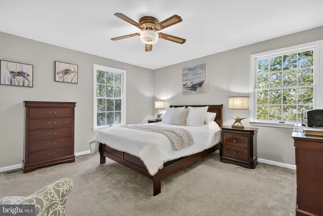 an aerial view of residential houses with outdoor space and trees