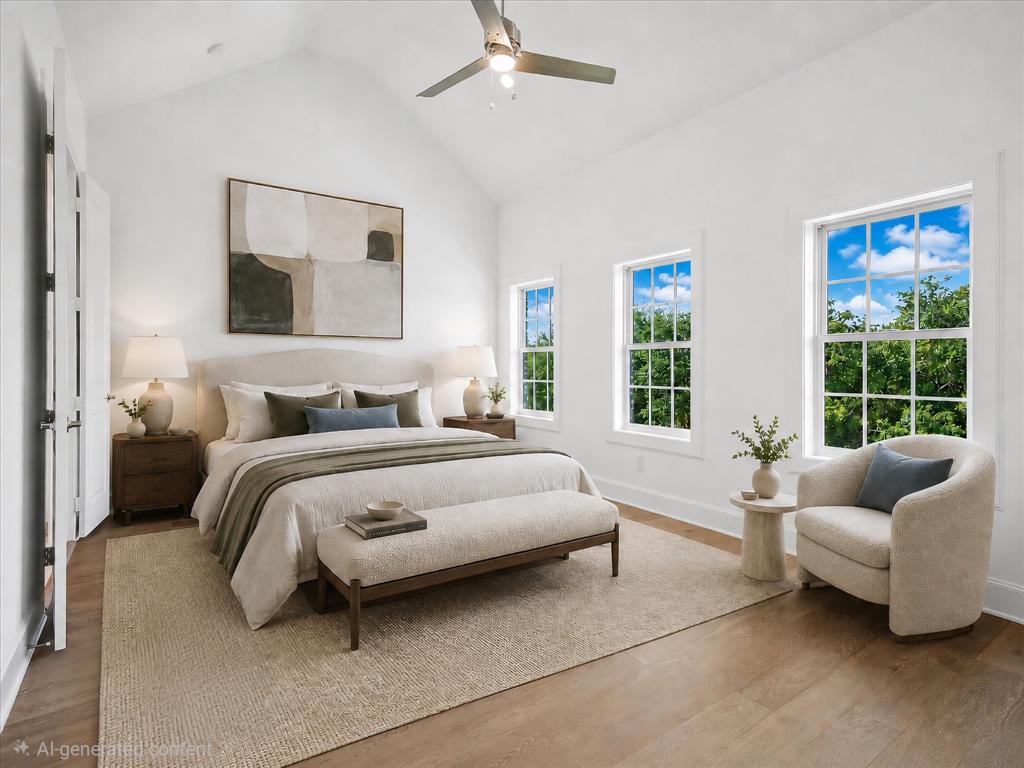 6019 Laurel Lane Addison, TX 75001 - Photo 19 of 21 Vaulted ceiling bedroom featuring wood-finish flooring and three double-hung windows