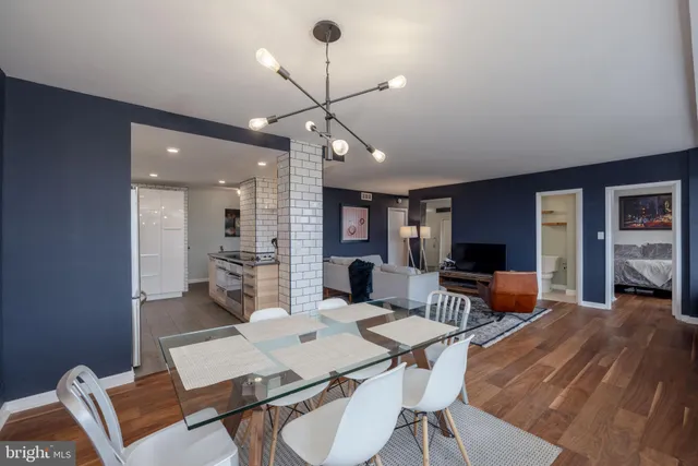 a view of a dining room with furniture