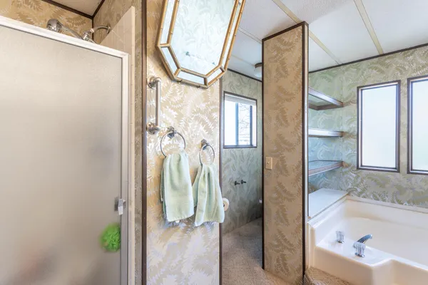 a bathroom with a bathtub and a shower