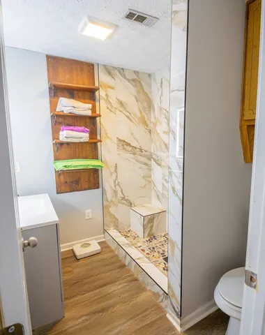 a bathroom with a sink a toilet and mirror