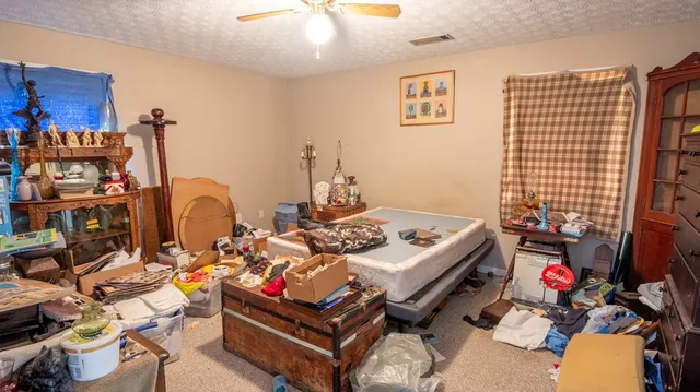 a view of a living room with a bed and a window