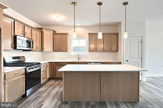a kitchen with stainless steel appliances granite countertop a sink a stove and a wooden floors