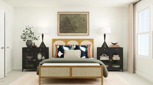 a bed room with a bed and a painting on the wall