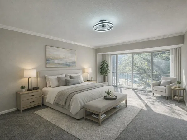 a spacious bedroom with a bed and a large window