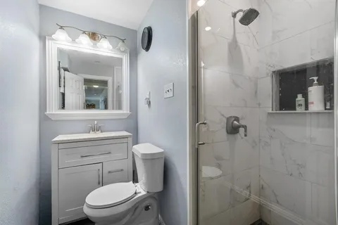 a bathroom with a toilet a sink a shower and mirror