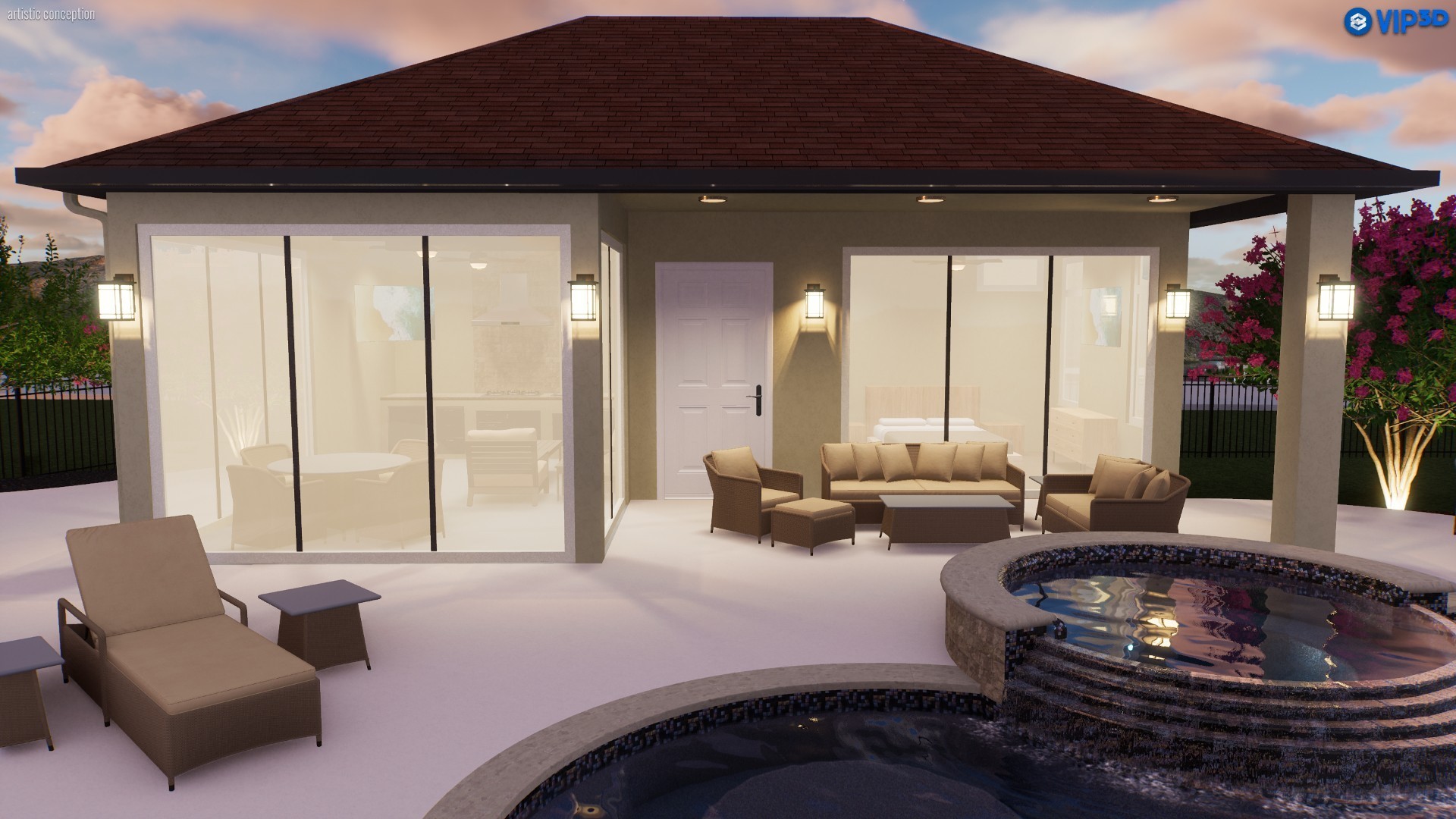 10896 Decatur Street Willis, TX 77318 - Photo 49 of 50 Rendering of a modern outdoor oasis with a cozy seating area, small pool, and spa, accented by sliding glass doors and lush landscaping—ideal for relaxation and entertaining in abundant natural light.