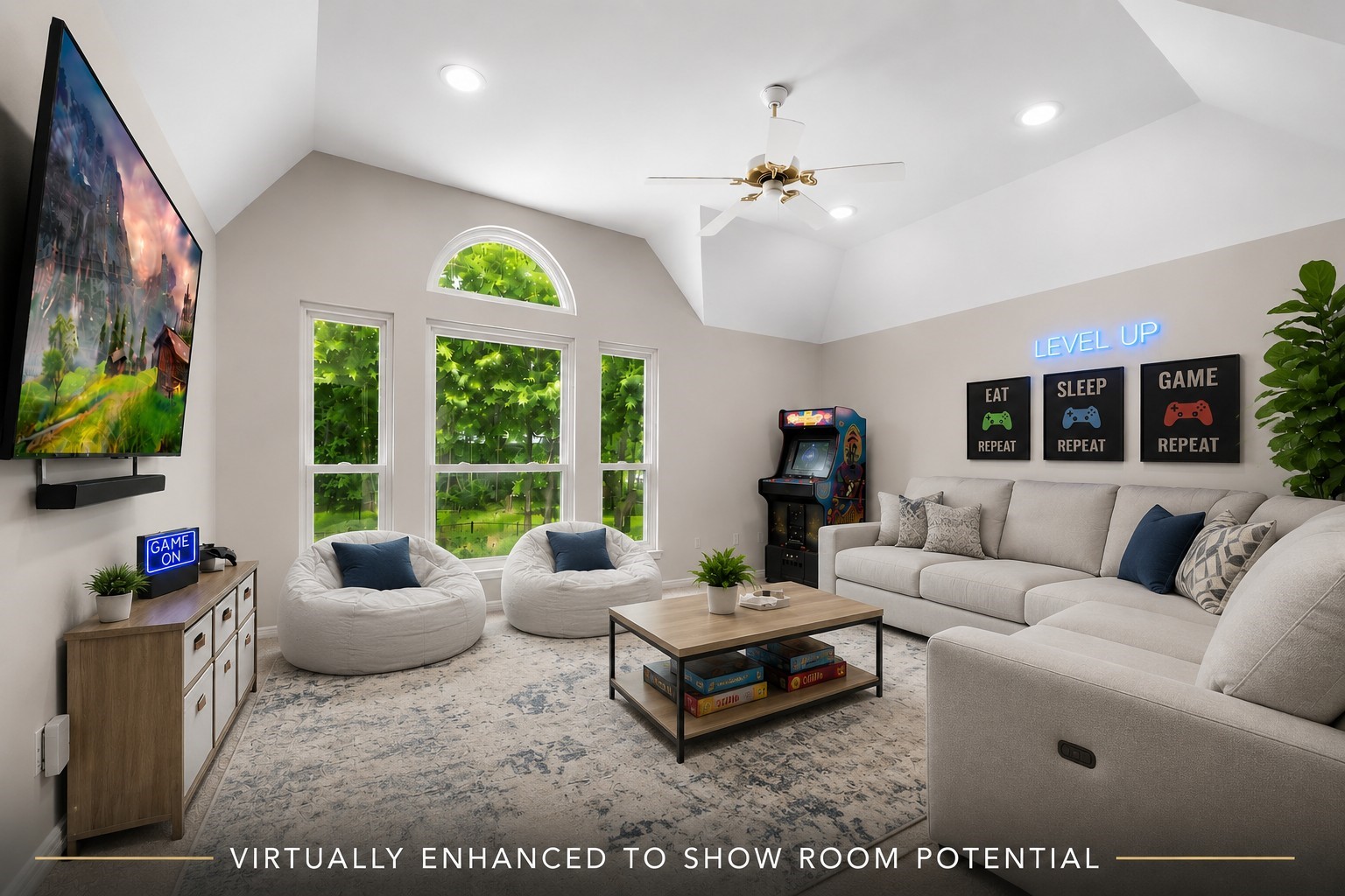 2326 Timbergreen Circle Magnolia, TX 77355 - Photo 30 of 43 Designed for fun, relaxation, and connection, this 16' x 14' game room features soaring 10' ceilings, Andersen double-pane pull-in windows, recessed lighting, a ceiling fan, plush low-pile carpeting, and beautiful backyard pool views. Generously sized for a large-screen TV, gaming tables, or media space, it serves as the perfect gathering place for family, guests, teens, or multi-generational living.
