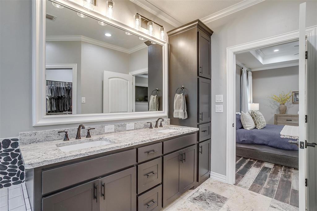 850 McClendon Walker Road Aledo, TX 76008 - Photo 23 of 38 a en suite bathroom with a granite countertop sink and a mirror