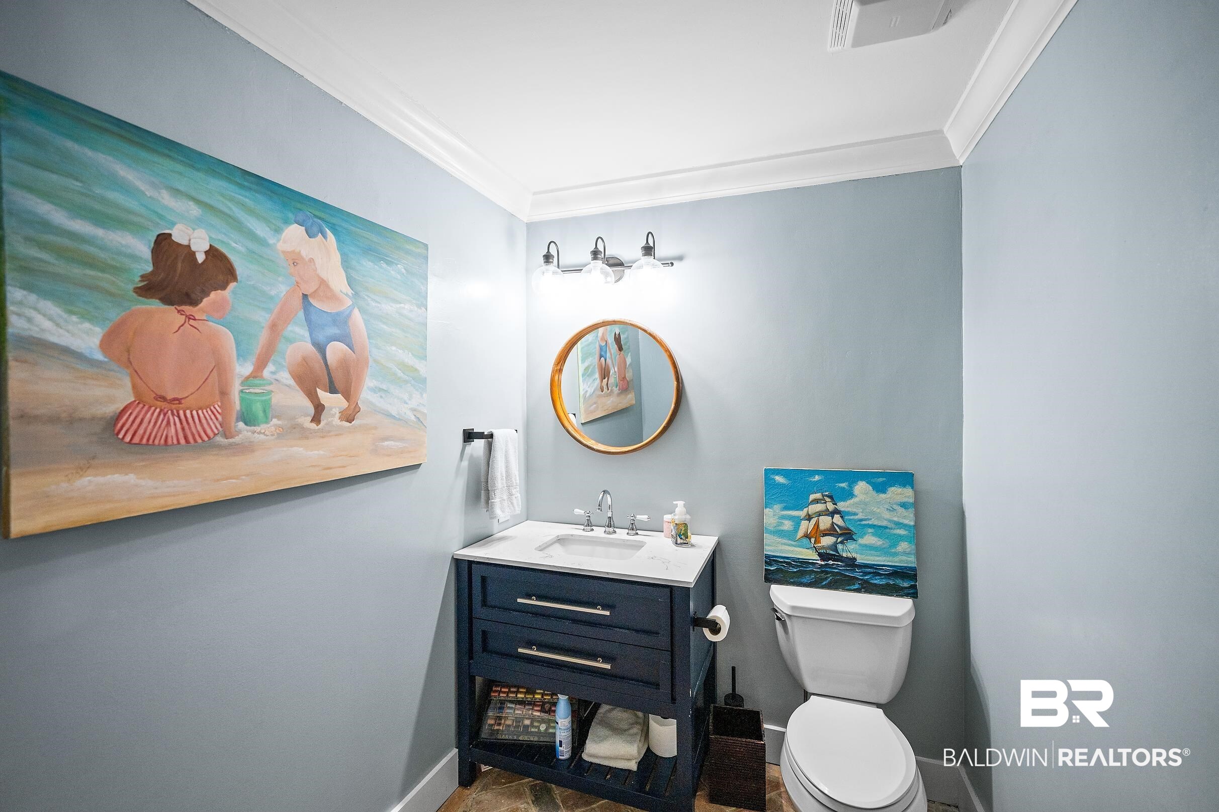 8490 Bay View Drive Foley, AL 36535 - Photo 31 of 67 Half bathroom featuring vanity and crown molding