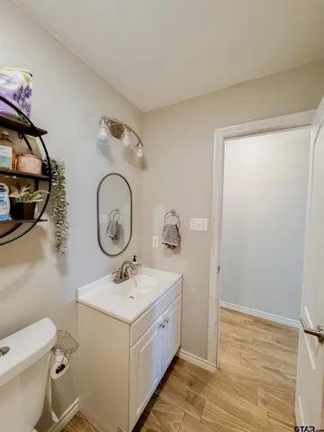 a bathroom with a sink mirror vanity and toilet