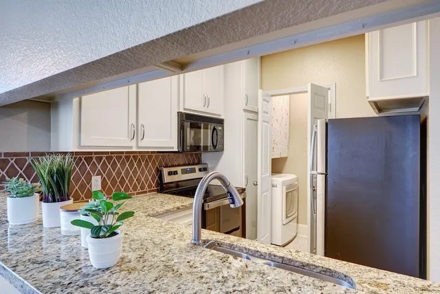 a close view of a sink a refrigerator and a potted plant