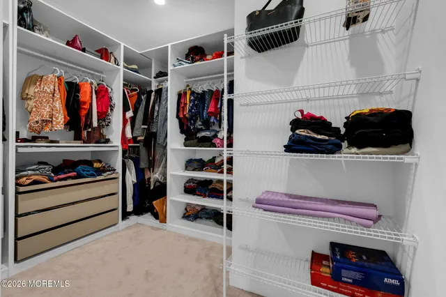 a view of walk in closet with clothes and shoes