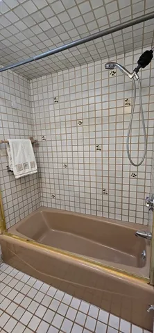 a bathroom with a bathtub and a shower