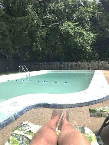 a view of a swimming pool with a yard