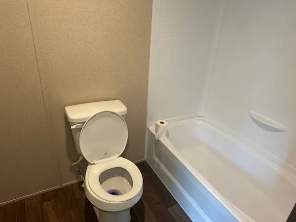 a bathroom with a toilet and a tub