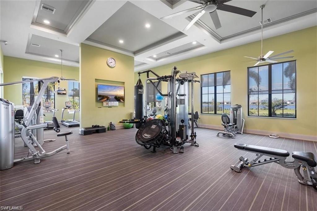 5265 Beckton Road Ave Maria, FL 34142 - Photo 32 of 35 Gym featuring ceiling fan, coffered ceiling, and recessed lighting