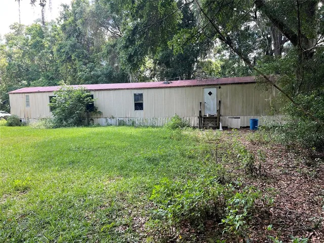 a backyard of a house with lawn chairs and a large tree
