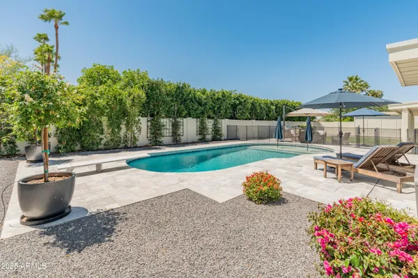 a view of a swimming pool with lounge chairs