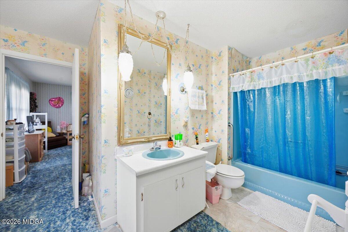 146 Mooring Road Hawkinsville, GA 31036 - Photo 28 of 64 a bathroom with a sink a toilet and shower curtain