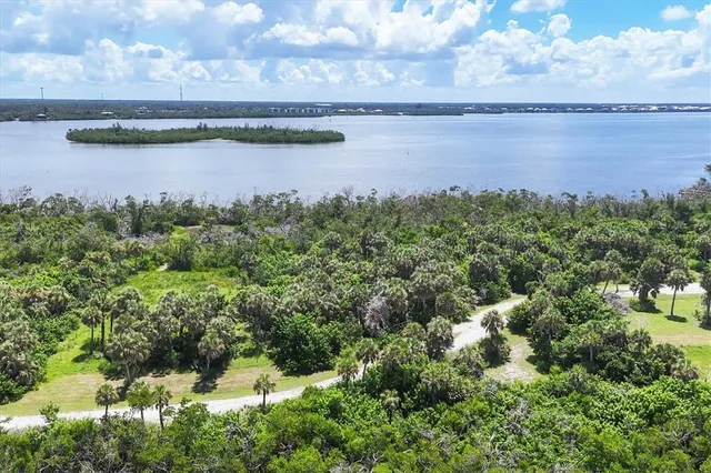 a view of a lake in a field
