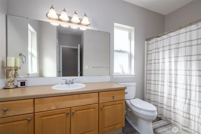 a bathroom with a sink a toilet and mirror