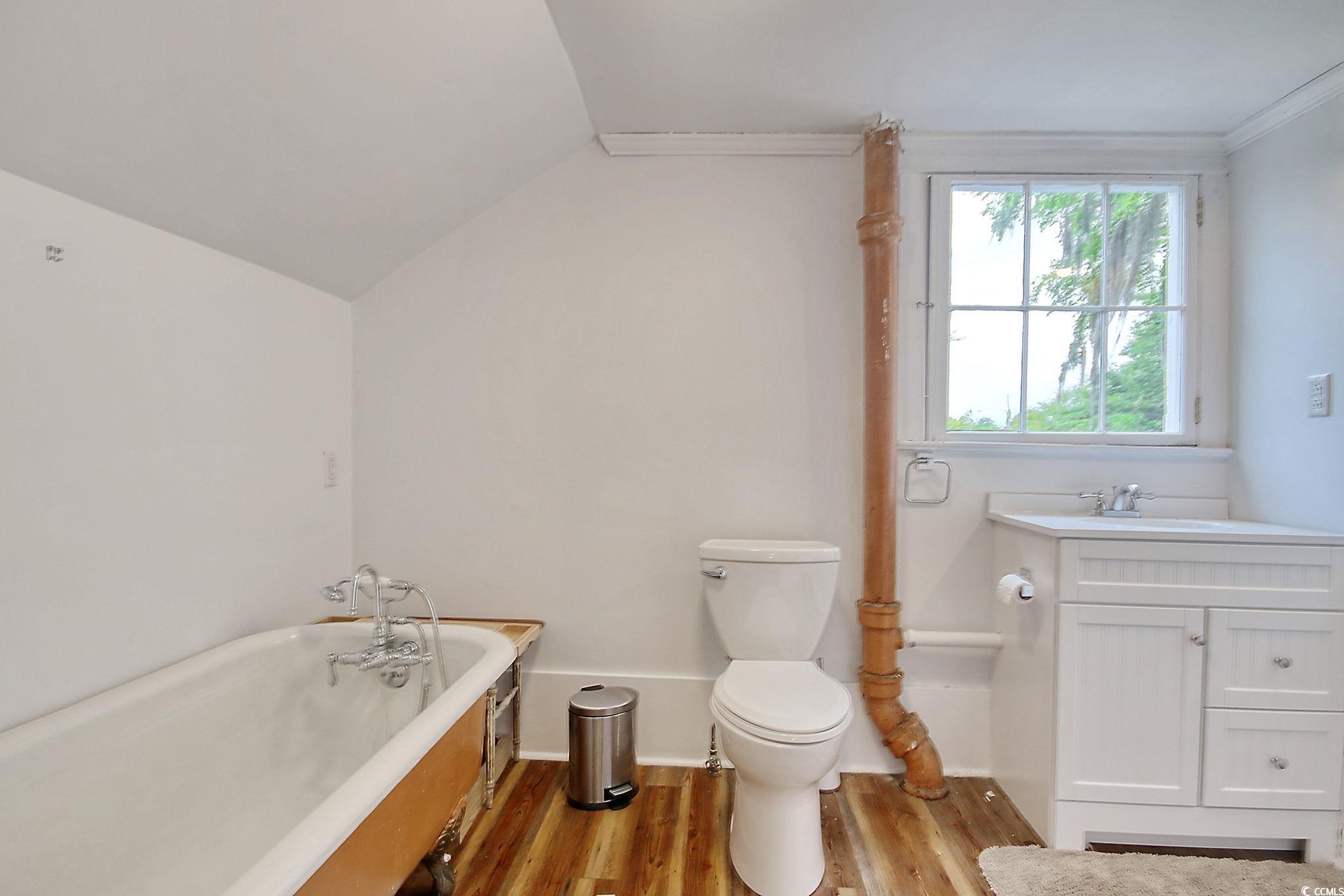 100 Northeast Ct Street Marion, SC 29571 - Photo 27 of 40 Full bathroom with vanity, light wood-type flooring, a bath, lofted ceiling, and ornamental molding