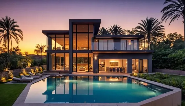 a view of swimming pool with outdoor seating and a garden