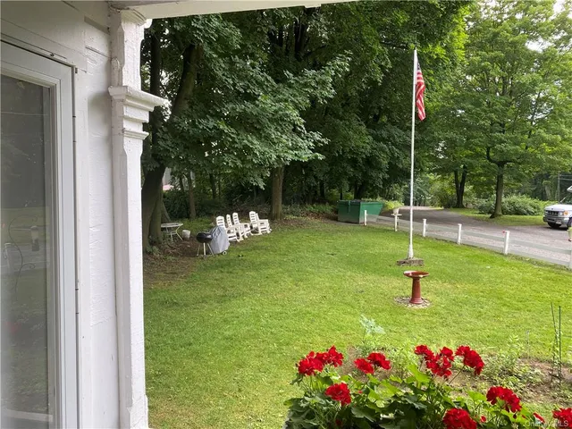 a view of a garden with a slide