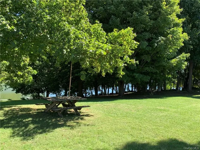 a view of swimming pool with lawn chairs and large trees