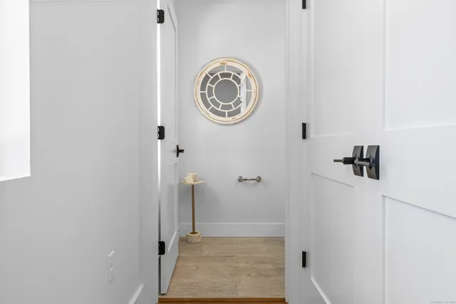 a view of a hallway with elevator