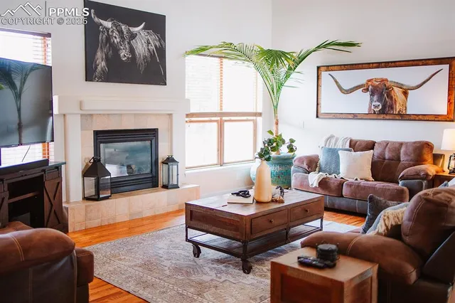 a living room with furniture a fireplace and a large window