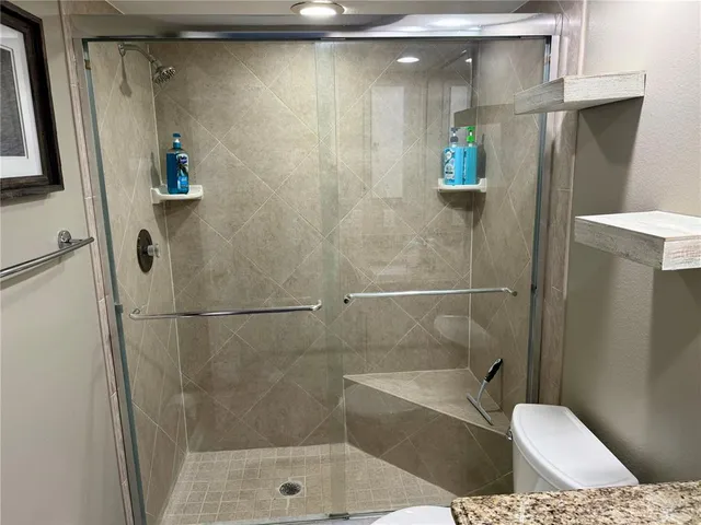 a bathroom with a shower and toilet