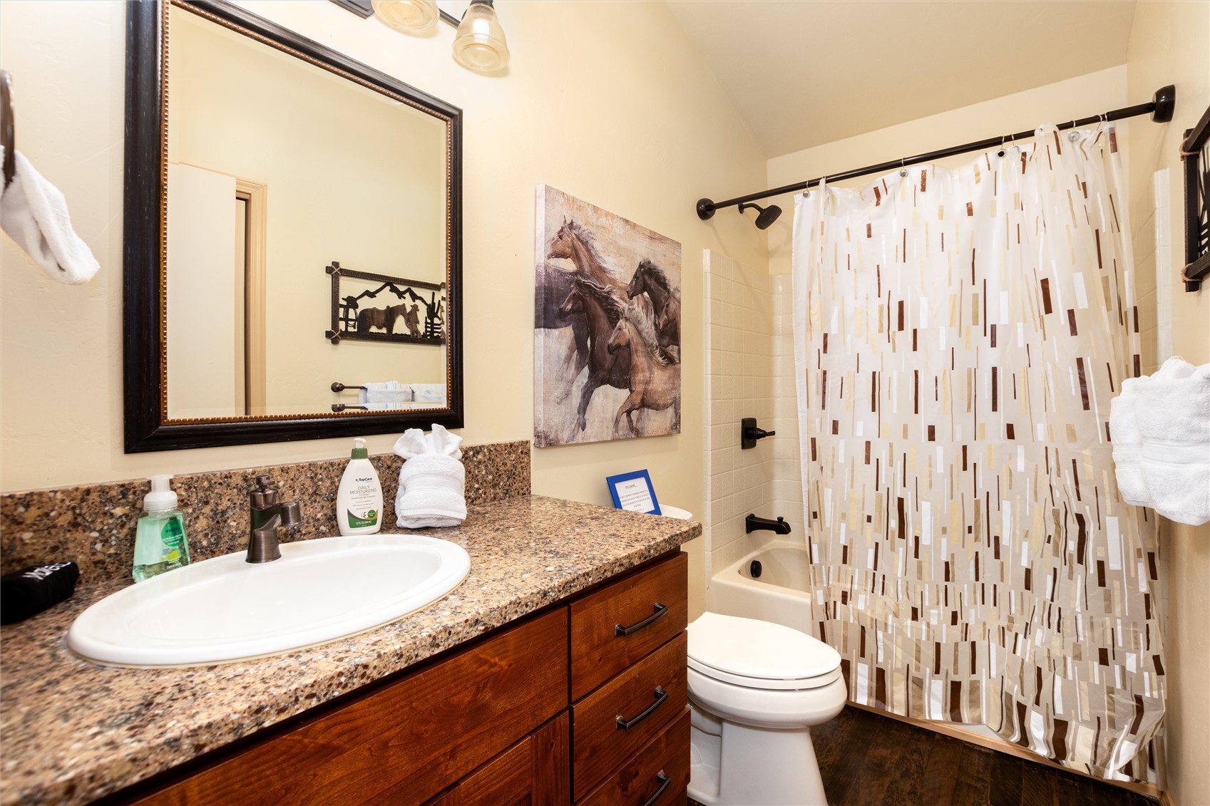 1301 Sheep Ridge Road Fairplay, CO 80440 - Photo 28 of 49 Bathroom featuring a vanity with a granite-style countertop, a rectangular undermount sink, and a dark bronze faucet