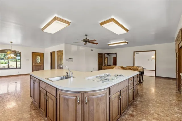 a kitchen with a stove a sink a counter top space and cabinets