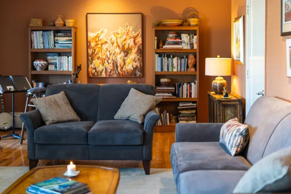 a living room with furniture and a book shelf