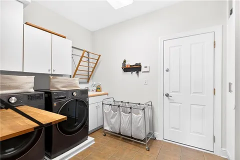 a storage room with cabinets