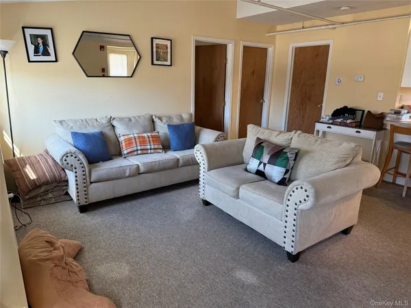 a living room with furniture and a mirror